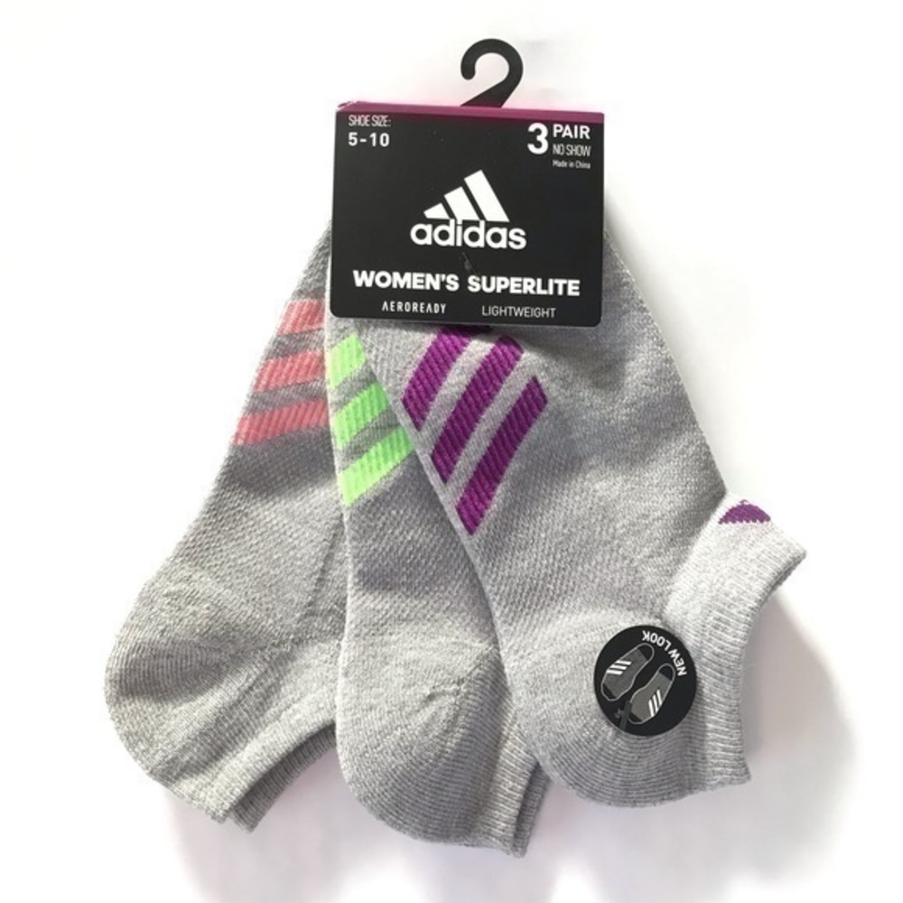 Adidas women’s no show socks gray pink green purple 3 pack size 5-10